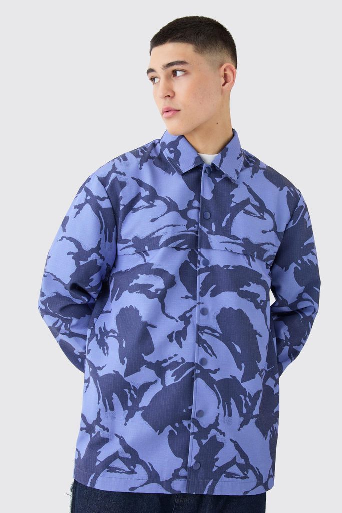 Men's Regular Long Sleeve Ripstop Popper Camo Overshirt - Blue - S, Blue