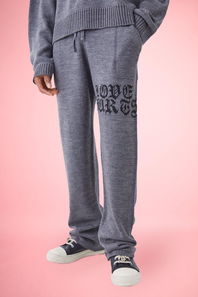 Men's Relaxed Knitted Joggers With Gothic Font - Grey - S, Grey