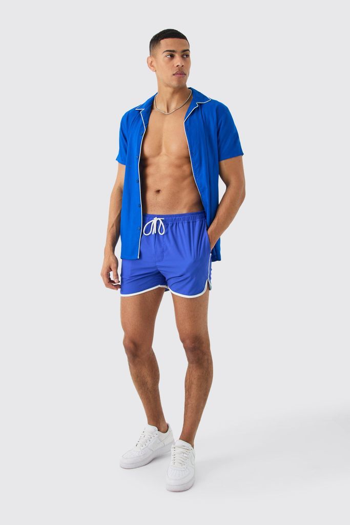 Men's Short Sleeve Plain Piping Shirt & Swim Set - Blue - S, Blue