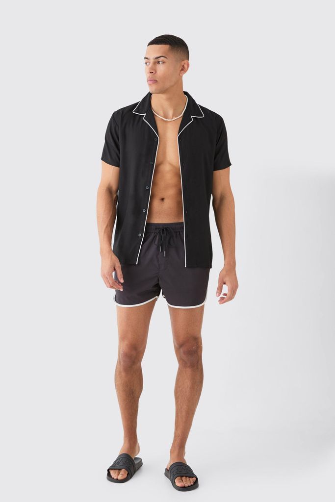 Men's Short Sleeve Plain Piping Shirt & Swim Set - Black - S, Black