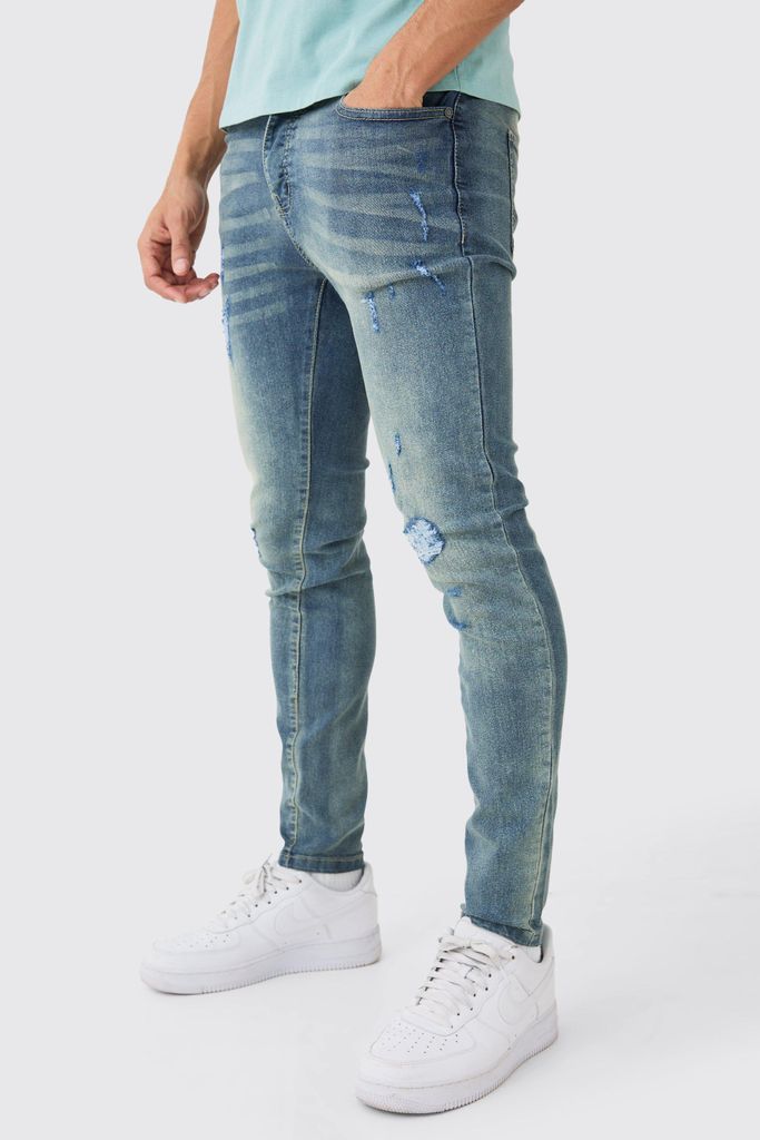 Men's Skinny Stretch Extreme Knee Rip Jeans - Blue - 28R, Blue
