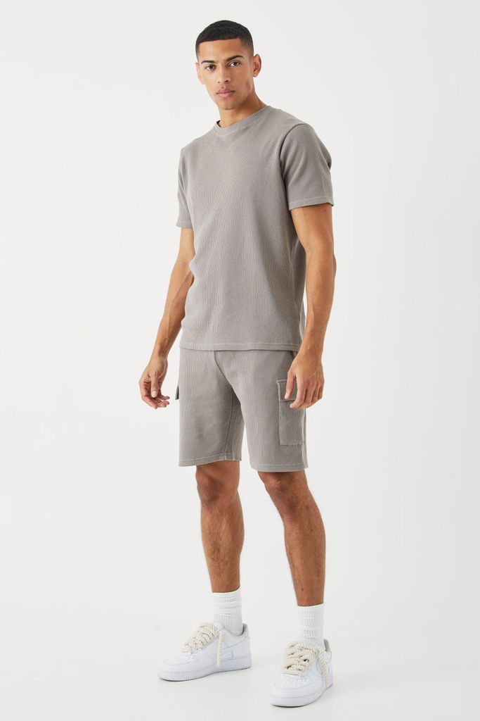 Men's Slim Waffle T-Shirt & Cargo Short Set - Beige - S, Beige