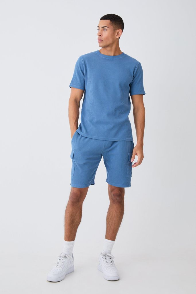 Men's Slim Waffle T-Shirt & Cargo Short Set - Blue - S, Blue