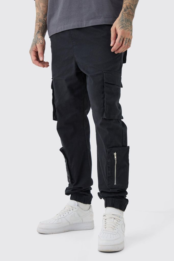 Men's Tall Multi Cargo Pocket Cuffed Trousers - Black - 30, Black