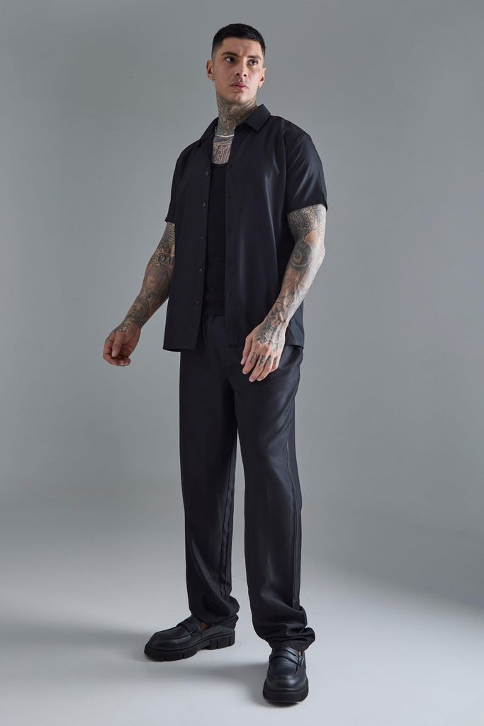 Men's Tall Short Sleeve Soft Twill Smart Shirt & Trouser - Black - S, Black