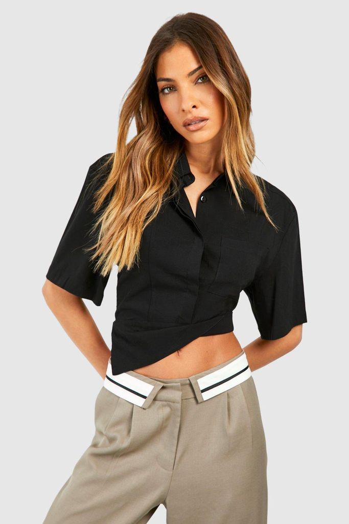 Womens Asymmetric Hem Cropped Shirt - Black - 6, Black