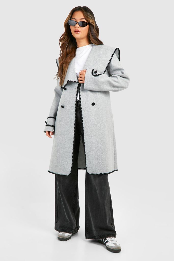 Womens Blanket Stitch Belted Wool Look Coat - Grey - 8, Grey