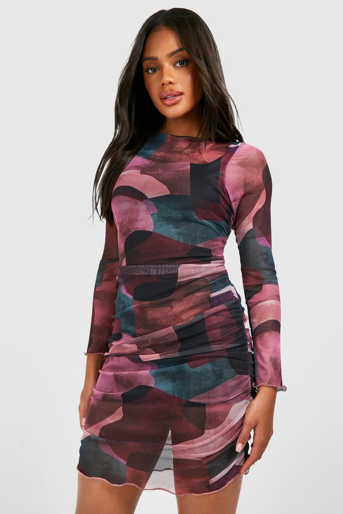 Womens Blurred Geo Printed Ruched Mesh Mini Dress - Purple - 8, Purple