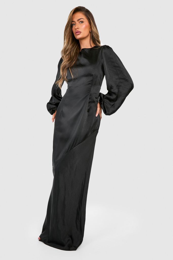 Womens Bridesmaid Satin Blouson Sleeve Maxi Dress - Black - 8, Black