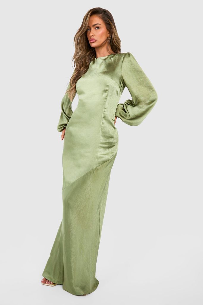 Womens Bridesmaid Satin Blouson Sleeve Maxi Dress - Green - 8, Green