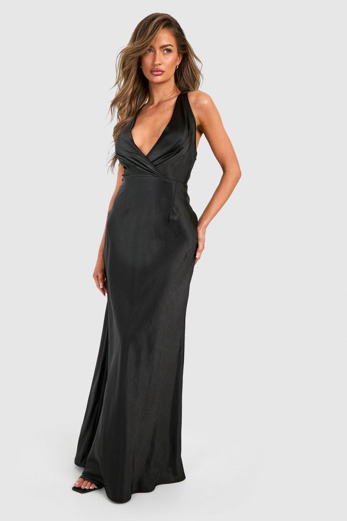 Womens Bridesmaid Satin Cowl Wrap Front Maxi Dress - Black - 8, Black