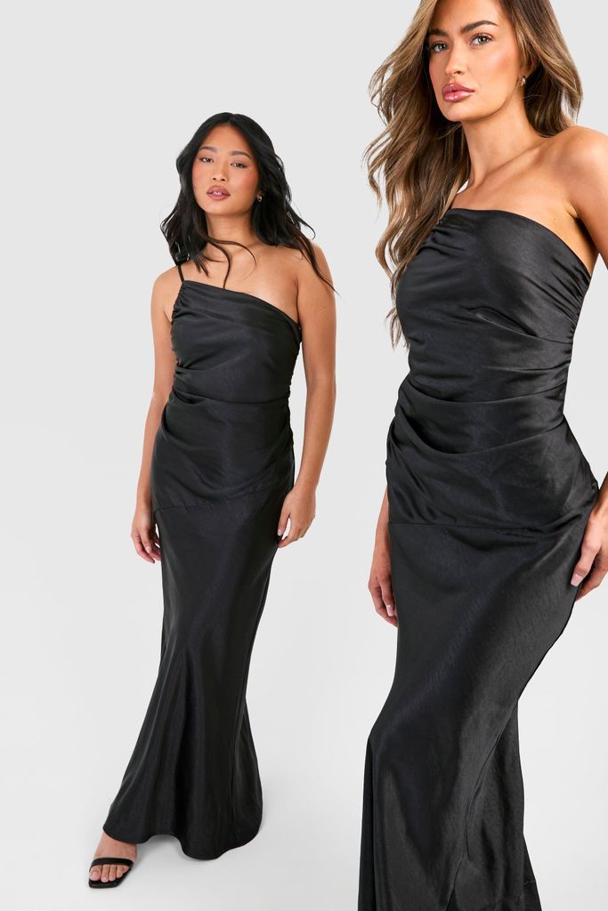 Womens Bridesmaid Satin Strappy Asymmetric Maxi Dress - Black - 8, Black