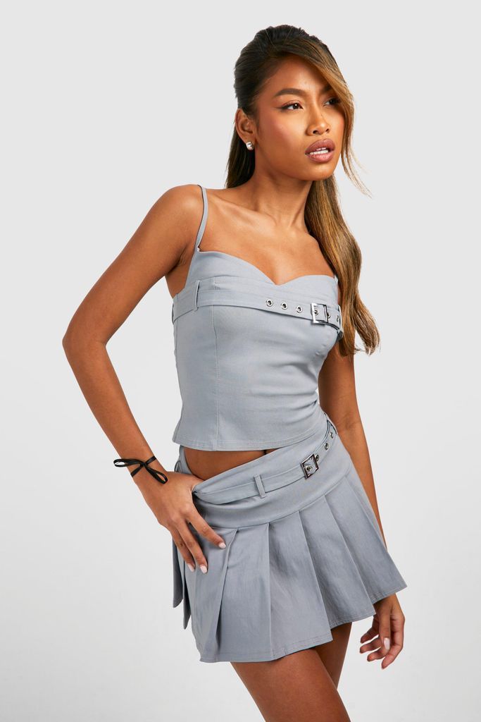 Womens Buckle Detail Pleated Mini Skirt - Grey - 6, Grey