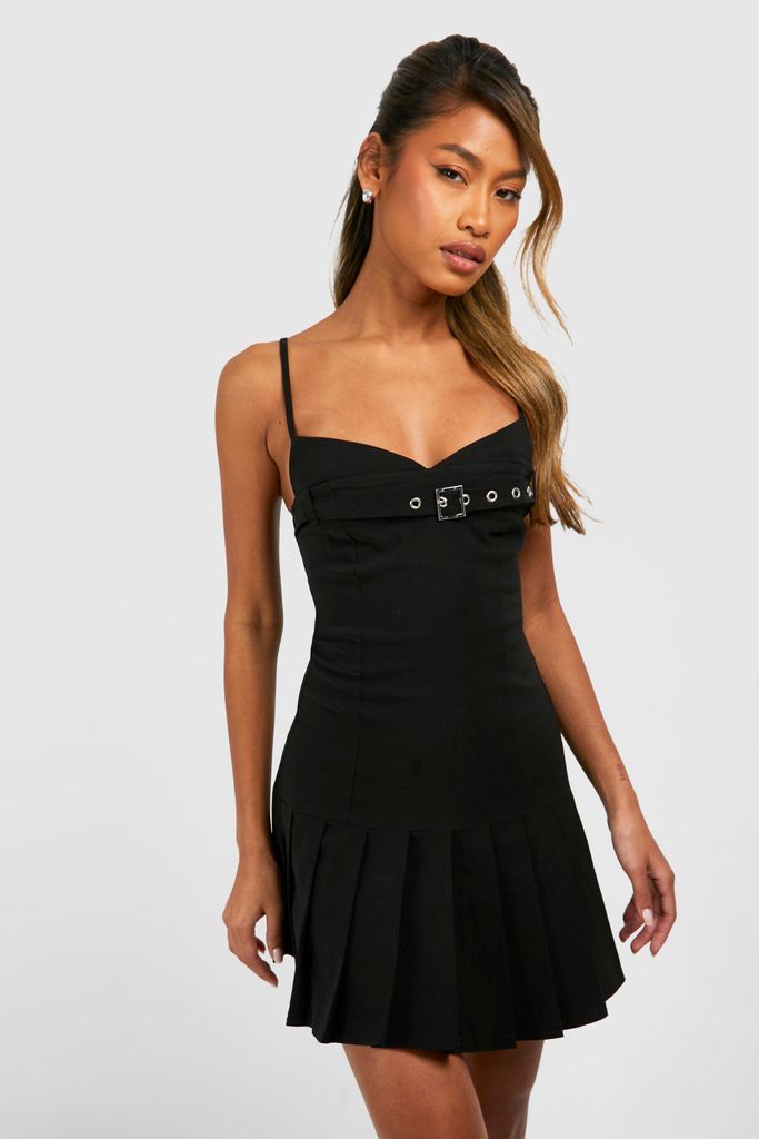 Womens Buckle Pleated Mini Dress - Black - 6, Black