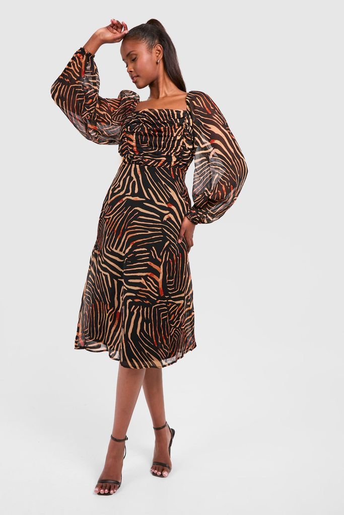 Womens Chiffon Animal Print Rouched Midi Dress - Brown - 8, Brown