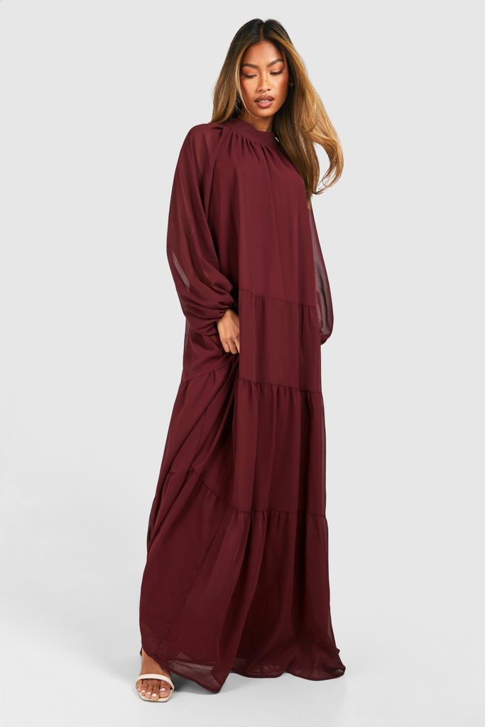 Womens Chiffon Blouson Sleeve Smock Dress - Brown - 8, Brown