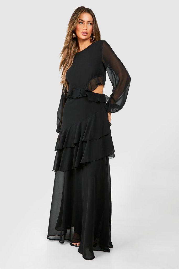 Womens Chiffon Frill Detail Cut Out Maxi Dress - Black - 8, Black