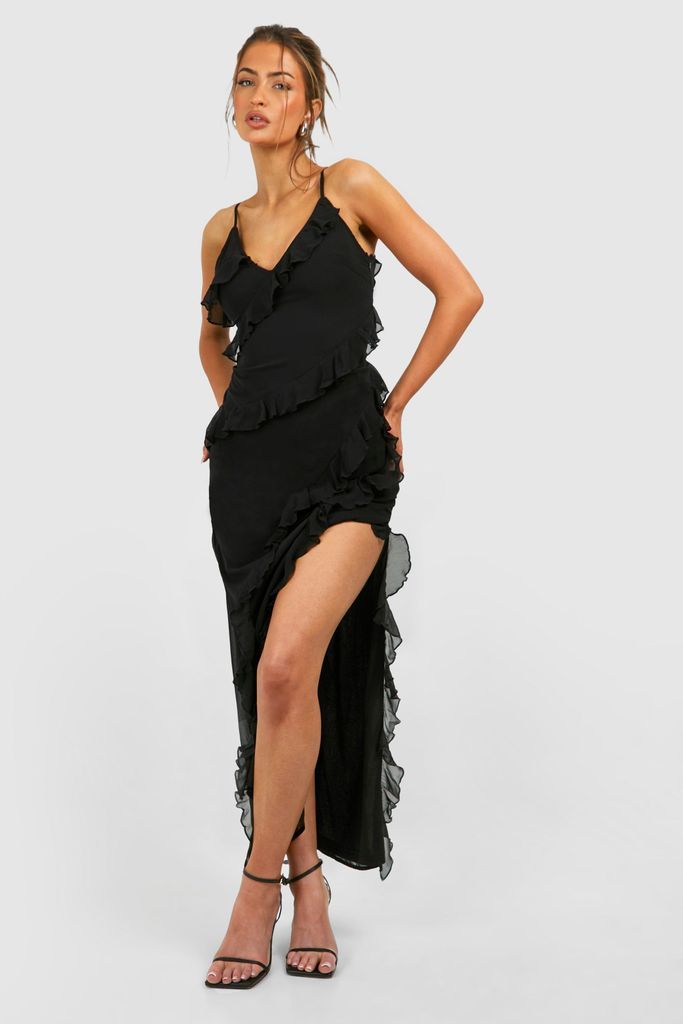 Womens Chiffon Ruffle Maxi Slip Dress - Black - 8, Black