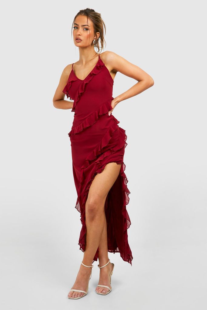 Womens Chiffon Ruffle Maxi Slip Dress - Red - 8, Red