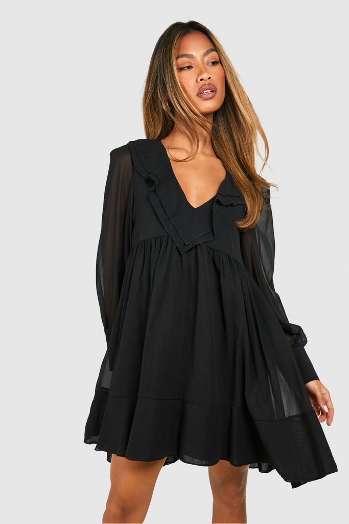 Womens Chiffon Ruffle Mini Smock Dress - Black - 8, Black
