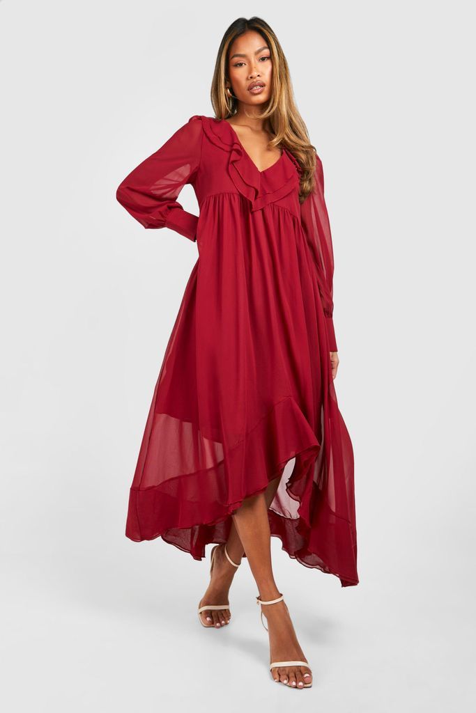 Womens Chiffon Ruffle Midaxi Smock Dress - Red - 8, Red