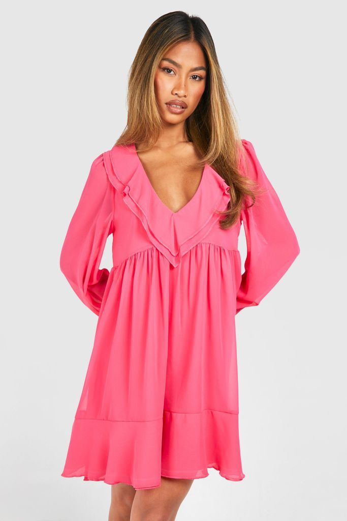 Womens Chiffon Ruffle Mini Smock Dress - Pink - 8, Pink