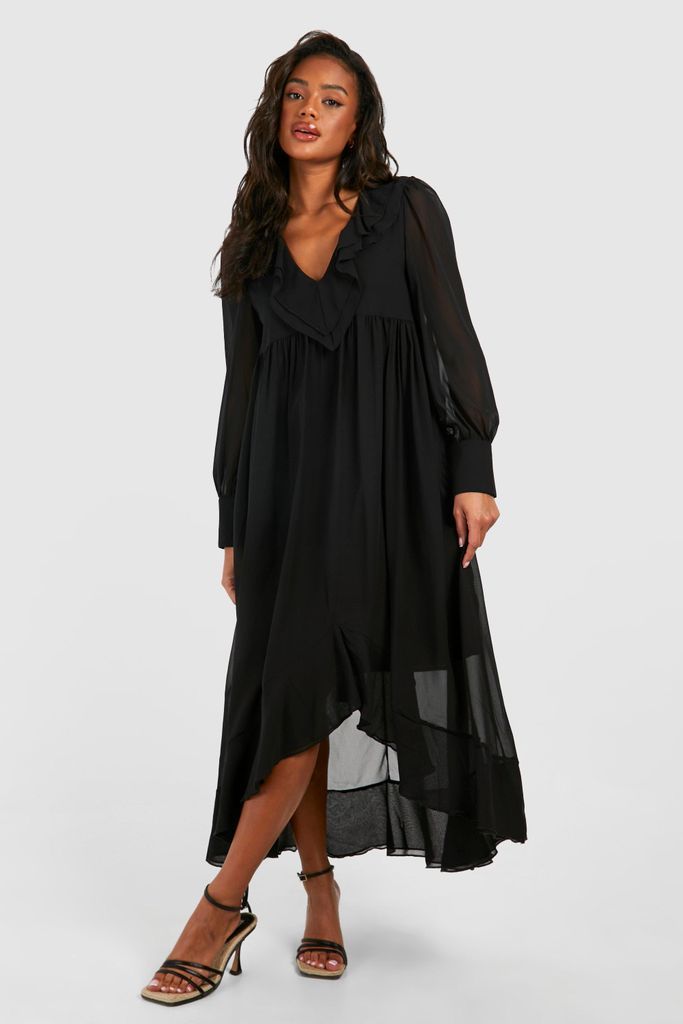 Womens Chiffon Ruffle Midaxi Smock Dress - Black - 8, Black