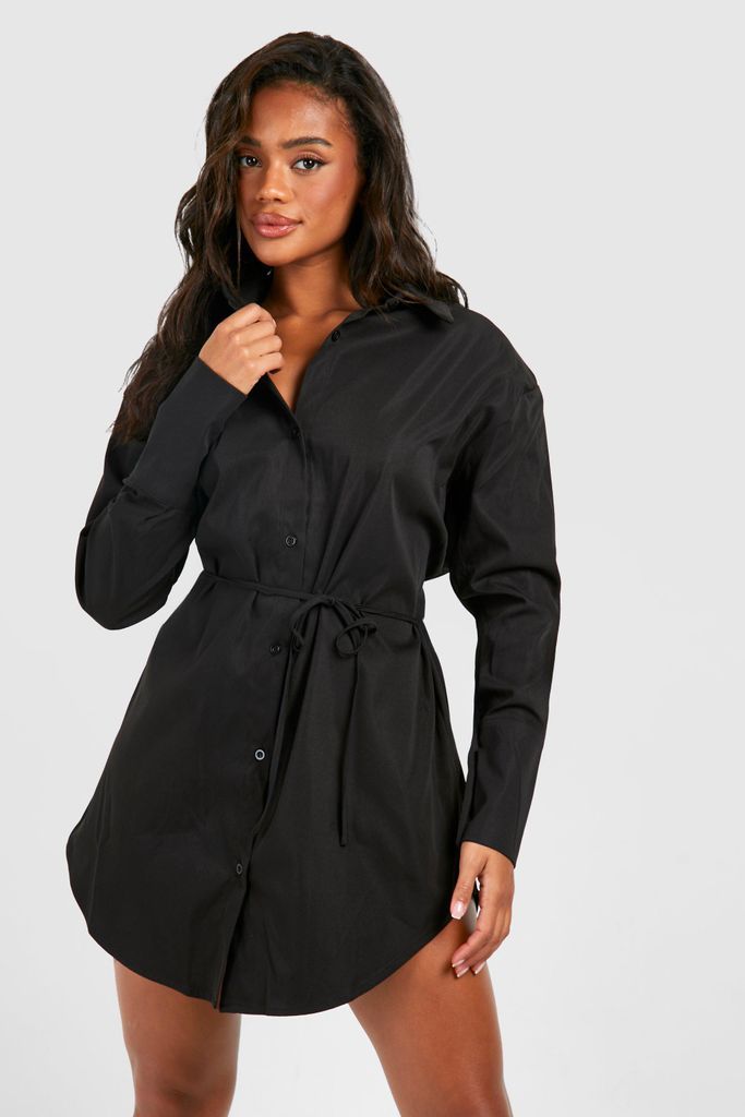 Womens Cinched Waist Shoulder Pad Shirt Dress - Black - 8, Black