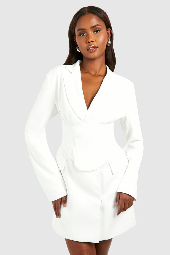 Womens Corset Waist Detail Blazer Dress - White - 8, White