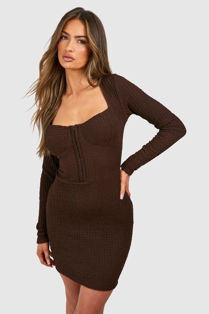 Womens Crinkle Corset Detail Mini Dress - Brown - 8, Brown