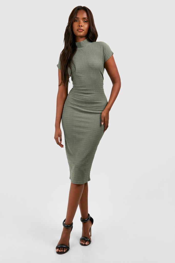 Womens Crinkle High Neck Rouched Midi Dress - Green - 8, Green