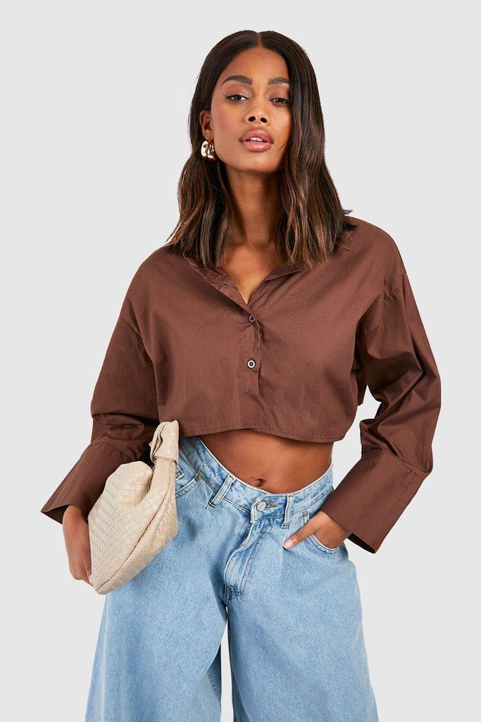 Womens Cropped Wide Sleeve Shirt - Brown - 6, Brown