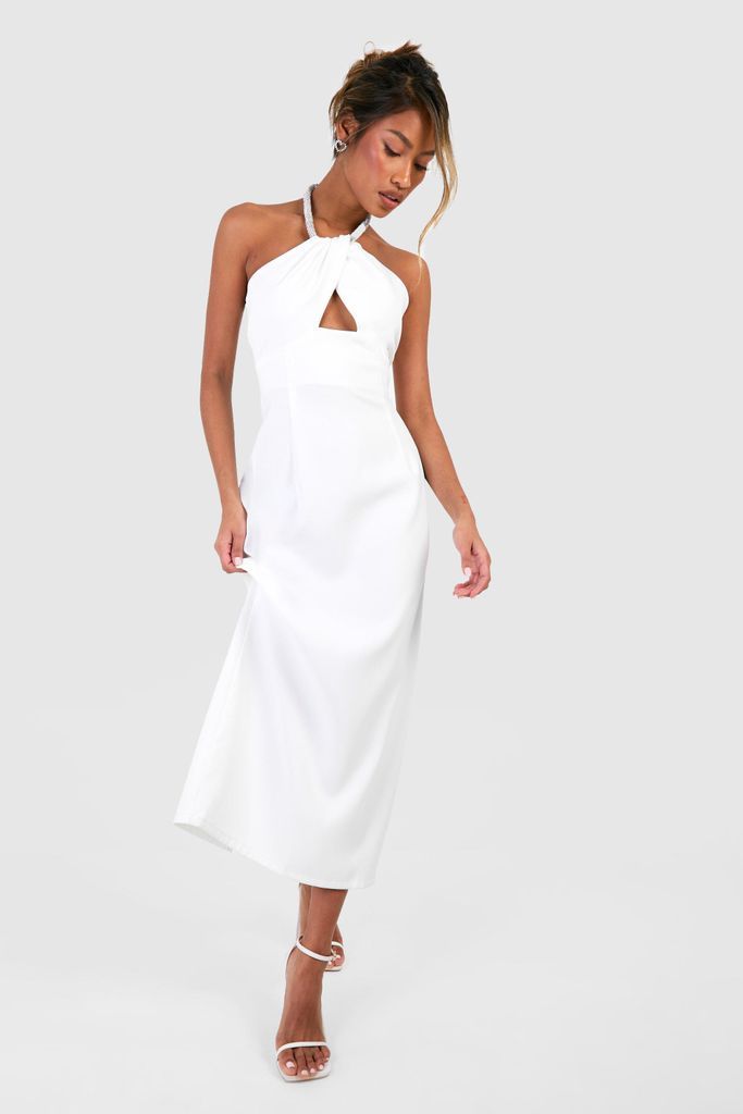 Womens Diamate Trim Halterneck Midaxi Dress - White - 8, White