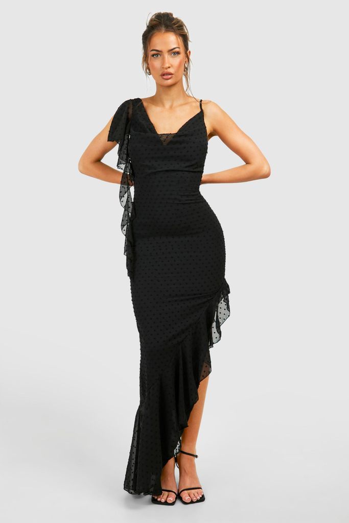 Womens Dobby Ruffle Midaxi Dress - Black - 8, Black