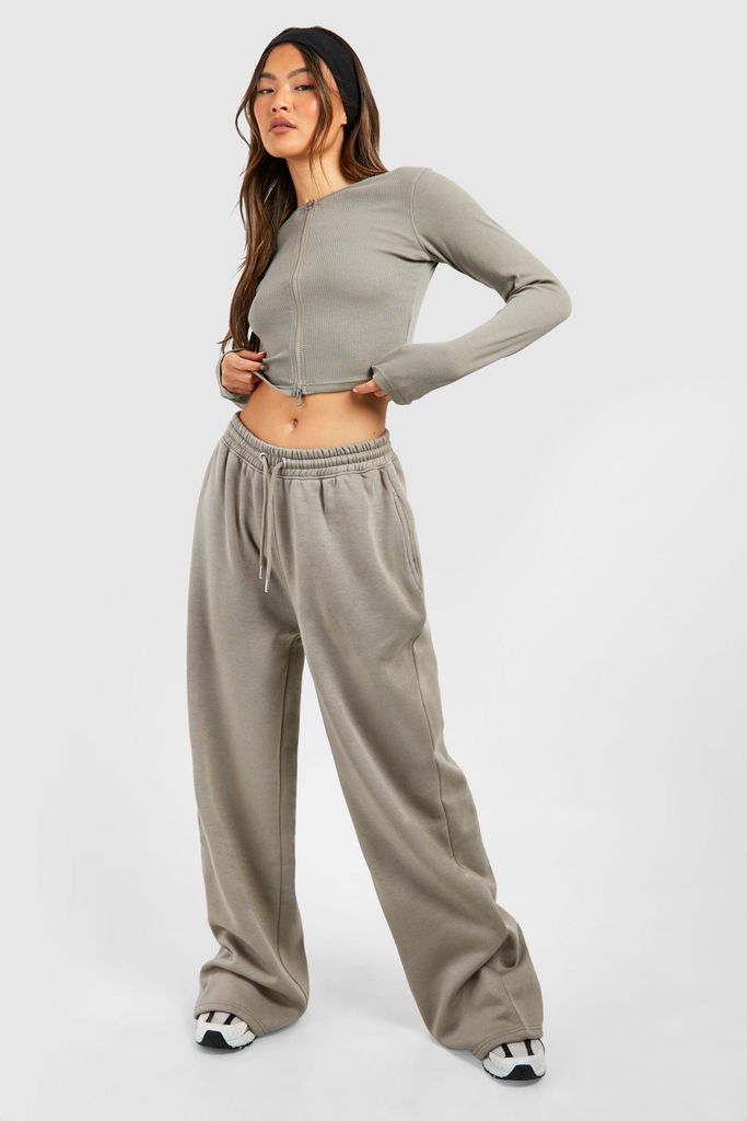 Womens Double Zip Long Sleeve Rib Top And Straight Leg Jogger Set - Grey - S, Grey