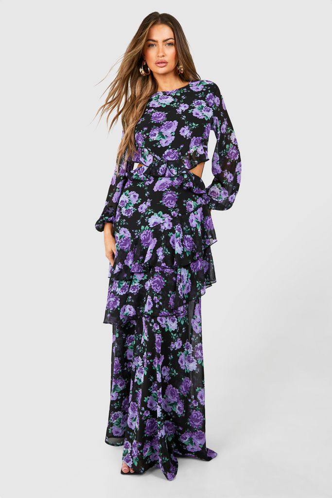 Womens Floral Chiffon Frill Detail Cut Out Maxi Dress - Purple - 8, Purple