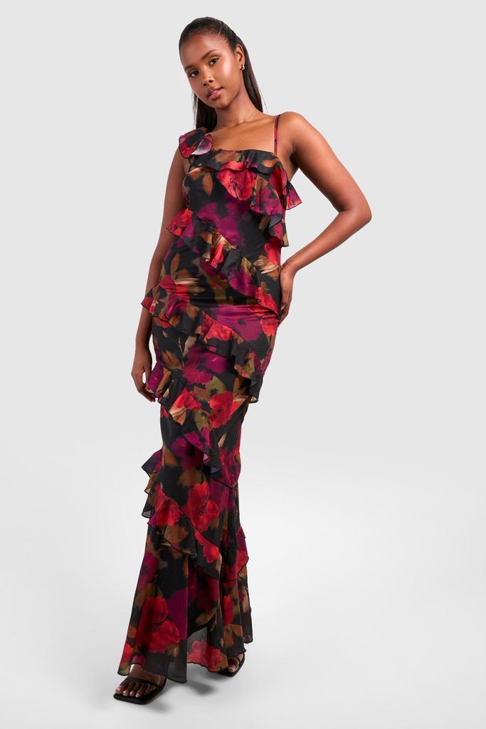Womens Floral Ruffle Asymmetric Maxi Dress - Black - 8, Black
