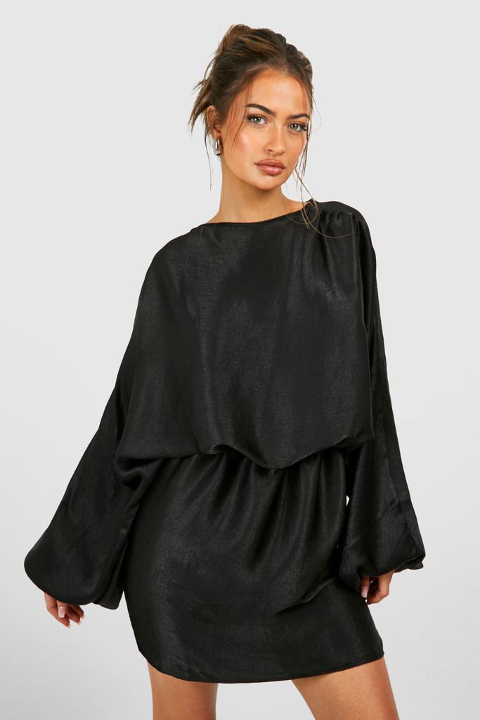 Womens Hamered Satin Blouson Mini Dress - Black - 8, Black