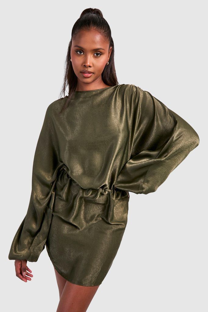 Womens Hamered Satin Blouson Mini Dress - Green - 8, Green