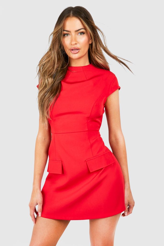 Womens High Neck Structured Tailored Mini Dress - 6, Red