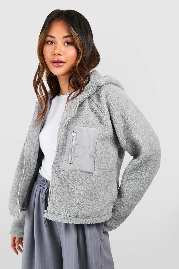 Womens Hooded Teddy Faux Fur Jacket - Grey - 8, Grey