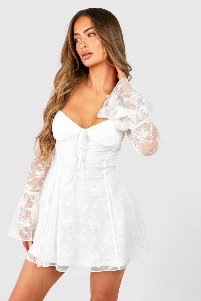 Womens Lace Baby Doll Flare Sleeve Mini Dress - White - 8, White