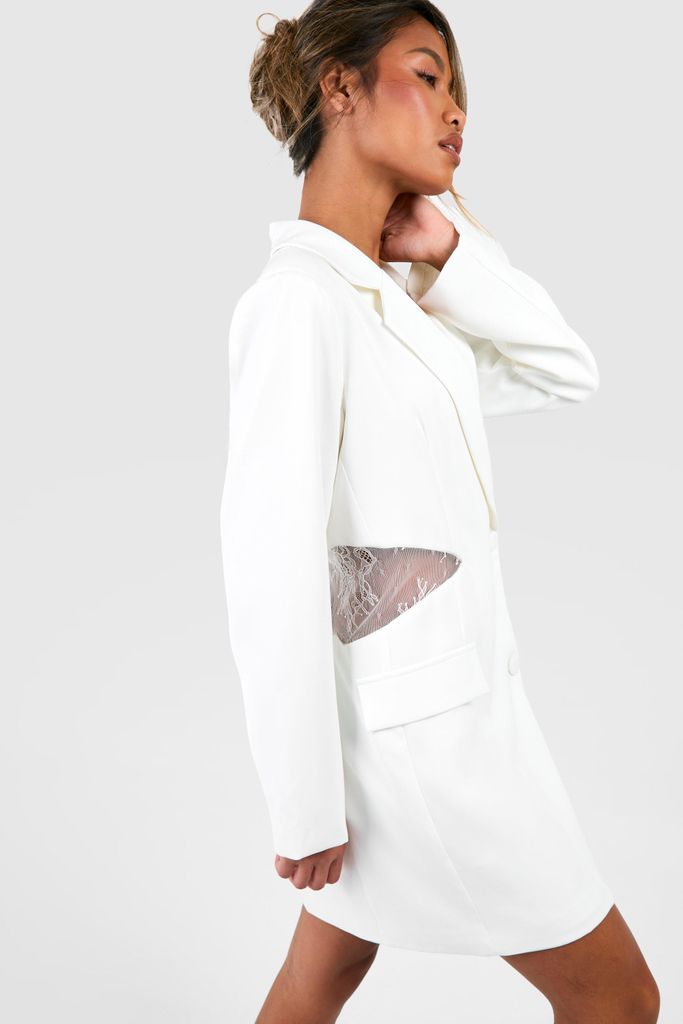 Womens Lace Insert Blazer Dress - White - 8, White