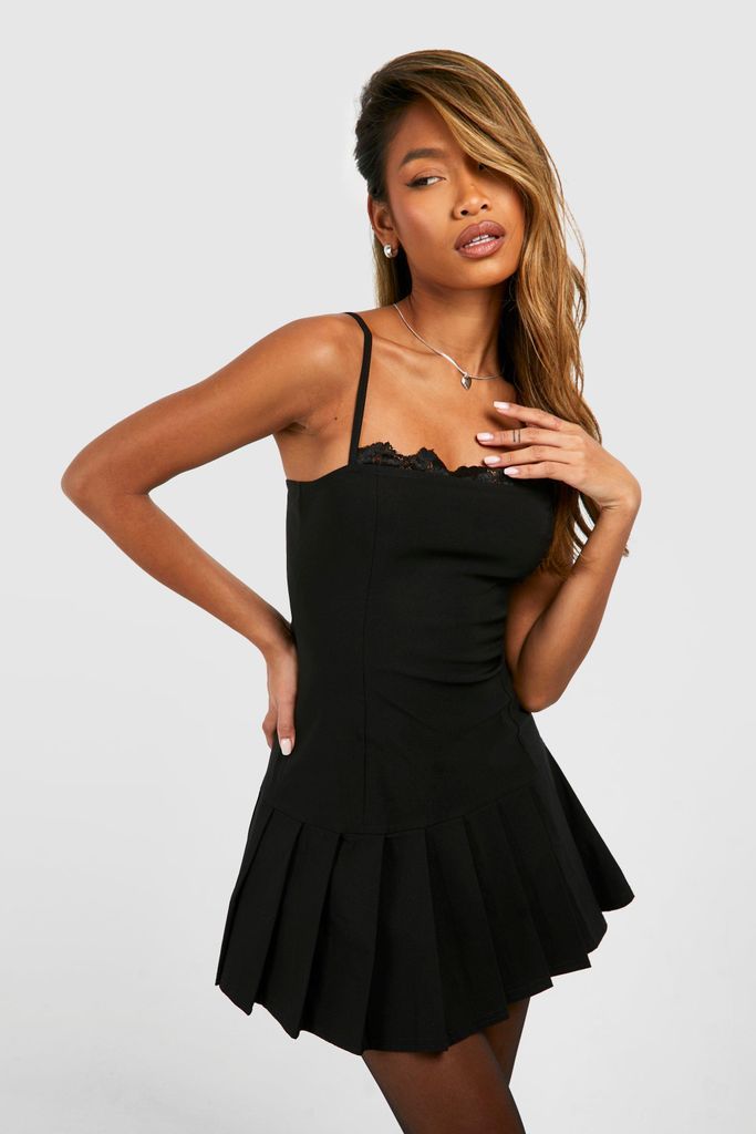 Womens Lace Trim Pleated Mini Dress - Black - 6, Black