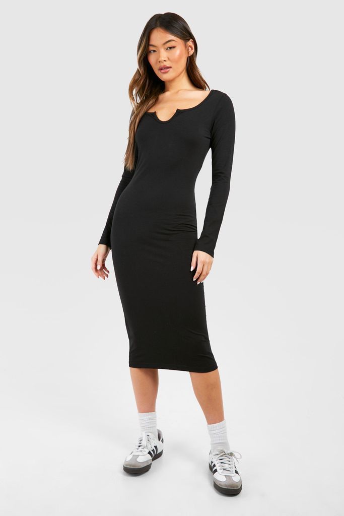 Womens Notch Neck Long Sleeve Jersey Midi Dress - Black - 8, Black