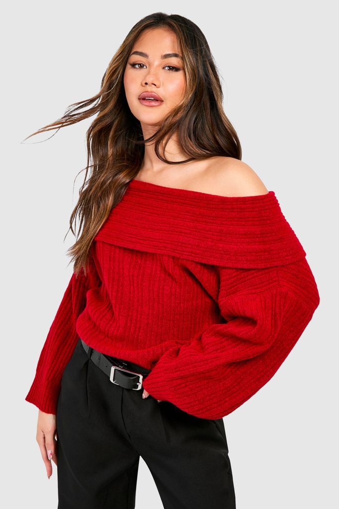 Womens Off The Shoulder Jumper - Red - S/M, Red
