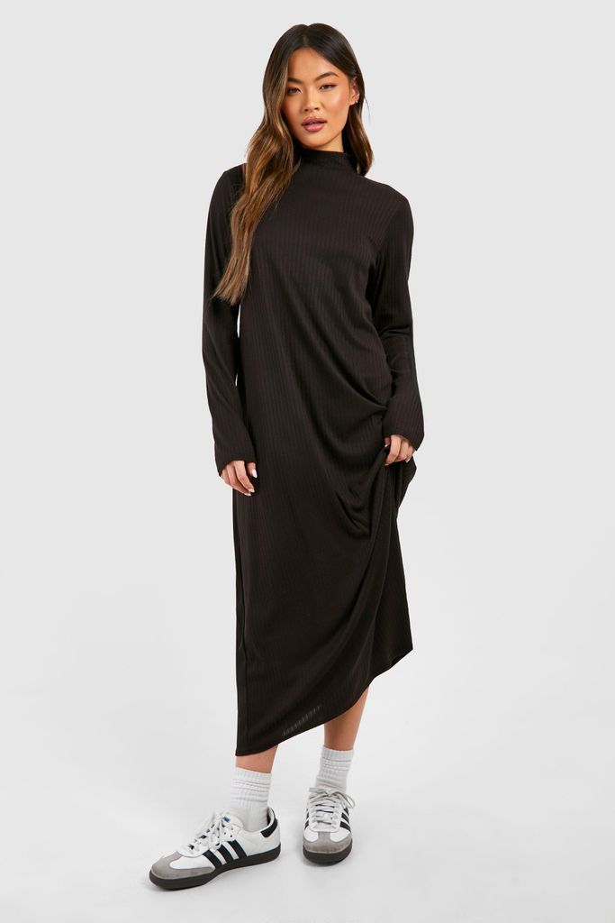 Womens Oversized Brushed Rib Column Midaxi Dress - Black - 8, Black