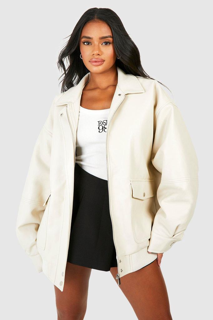 Womens Oversized Collar Faux Leather Jacket - White - 8, White