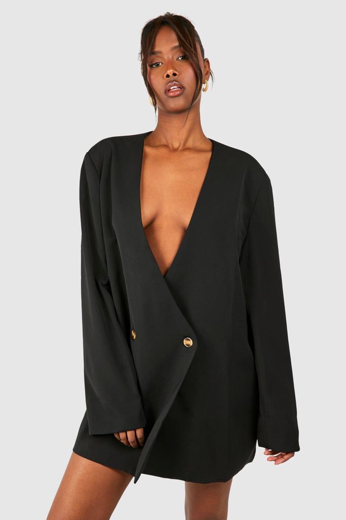 Womens Oversized Collarless Blazer Dress - Black - 8, Black