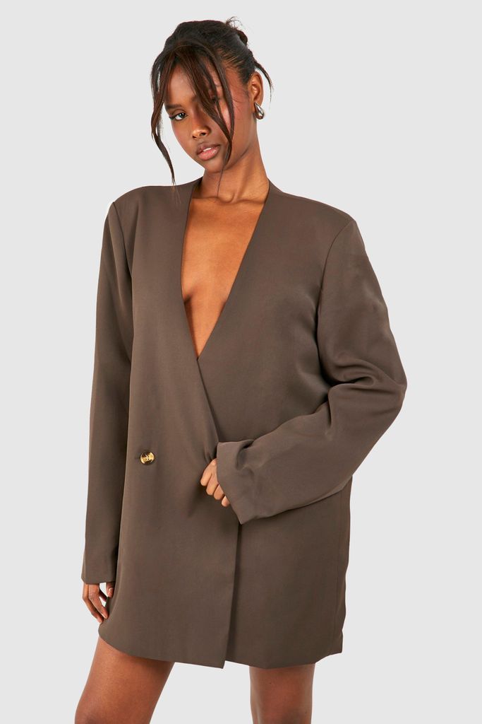 Womens Oversized Collarless Blazer Dress - Brown - 8, Brown